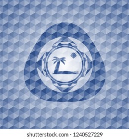beach icon inside blue emblem with geometric pattern.