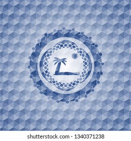 beach icon inside blue emblem or badge with abstract geometric pattern background.