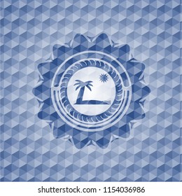 beach icon inside blue hexagon badge.
