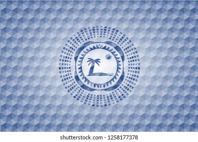 beach icon inside blue hexagon badge.