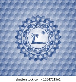 beach icon inside blue hexagon badge.