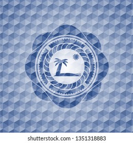 beach icon inside blue hexagon badge.