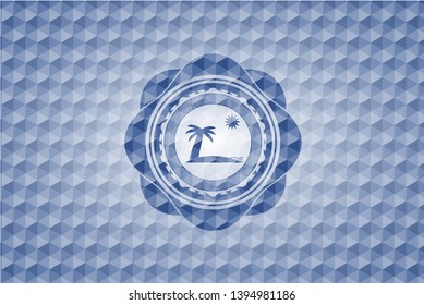 beach icon inside blue hexagon emblem.