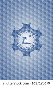 beach icon inside blue hexagon emblem.