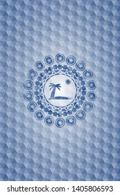 beach icon inside blue polygonal badge.