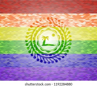 beach icon inside emblem on mosaic background with the colors of the LGBT flag