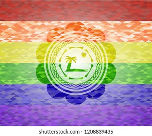 beach icon inside emblem on mosaic background with the colors of the LGBT flag