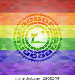 beach icon inside emblem on mosaic background with the colors of the LGBT flag