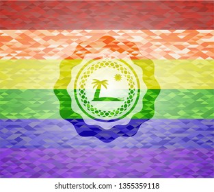 beach icon inside emblem on mosaic background with the colors of the LGBT flag