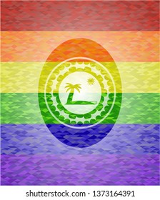 beach icon inside emblem on mosaic background with the colors of the LGBT flag