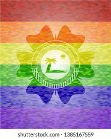 beach icon inside emblem on mosaic background with the colors of the LGBT flag