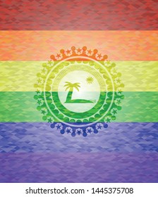 beach icon inside emblem on mosaic background with the colors of the LGBT flag
