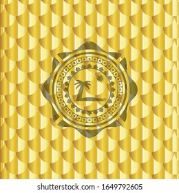 beach icon inside gold emblem. Scales pattern. Vector Illustration. Detailed.