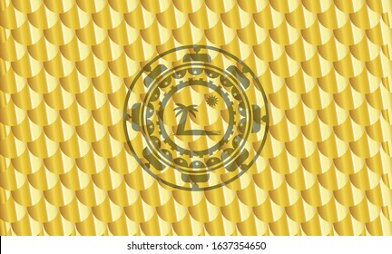 beach icon inside gold shiny emblem. Scales pattern. Vector Illustration. Detailed.