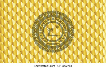 beach icon inside golden badge. Scales pattern. Vector Illustration. Detailed.