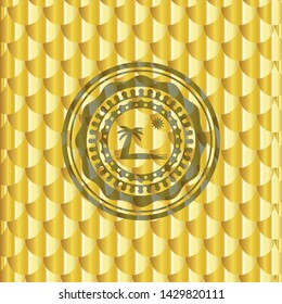beach icon inside golden emblem. Scales pattern. Vector Illustration. Detailed.