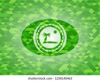 beach icon inside green emblem with mosaic ecological style background