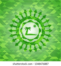 beach icon inside green emblem. Mosaic background