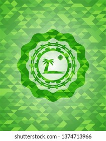 beach icon inside green emblem with mosaic ecological style background