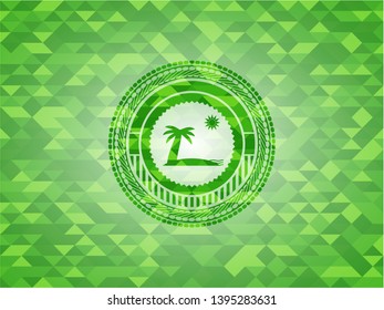 beach icon inside green emblem with mosaic ecological style background