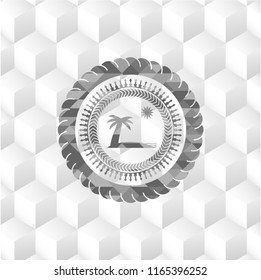 beach icon inside grey badge with geometric cube white background