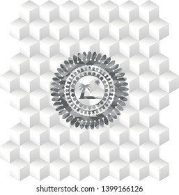 beach icon inside grey badge with geometric cube white background
