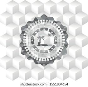 beach icon inside grey badge with geometric cube white background