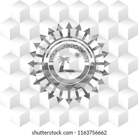 beach icon inside grey emblem. Vintage with geometric cube white background