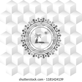 beach icon inside grey emblem with cube white background