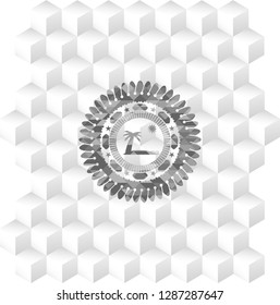 beach icon inside grey emblem. Retro with geometric cube white background