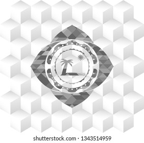 beach icon inside grey icon or emblem with geometric cube white background