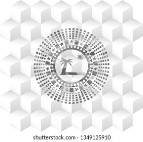 beach icon inside grey emblem. Vintage with geometric cube white background