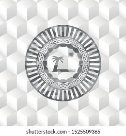 beach icon inside grey emblem. Vintage with geometric cube white background