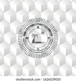 beach icon inside grey emblem. Vintage with geometric cube white background