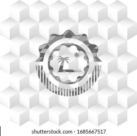 beach icon inside grey icon or emblem with geometric cube white background