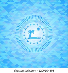 beach icon inside light blue emblem with mosaic background