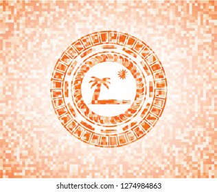 beach icon inside orange mosaic emblem with background