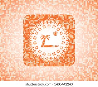 beach icon inside orange mosaic emblem with background