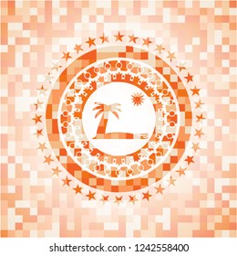 beach icon inside orange tile background illustration. Square geometric mosaic seamless pattern with emblem inside.