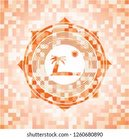 beach icon inside orange tile background illustration. Square geometric mosaic seamless pattern with emblem inside.