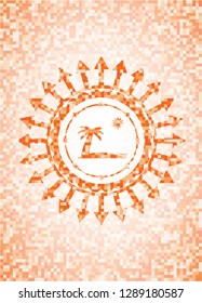 beach icon inside orange tile background illustration. Square geometric mosaic seamless pattern with emblem inside.