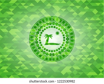 beach icon inside realistic green emblem. Mosaic background