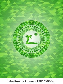 beach icon inside realistic green mosaic emblem