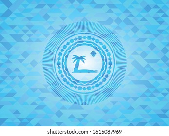 beach icon inside realistic light blue mosaic emblem