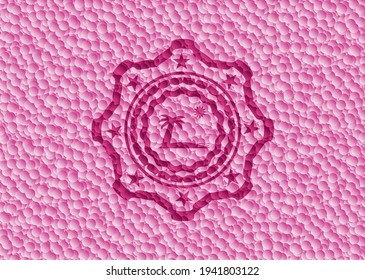 beach icon inside realistic pink emblem with bubbles background. Vector Illustration. Detailed. 