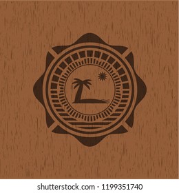 beach icon inside realistic wooden emblem