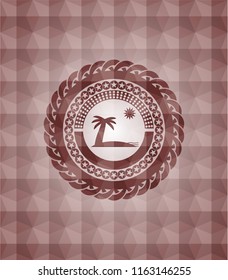 beach icon inside red emblem with geometric pattern background. Seamless.
