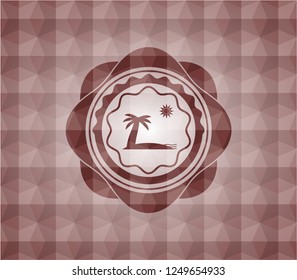beach icon inside red emblem with geometric pattern. Seamless.