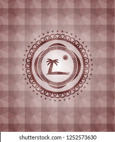 beach icon inside red emblem or badge with abstract geometric pattern background. Seamless.