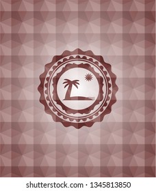 beach icon inside red emblem or badge with geometric pattern background. Seamless.